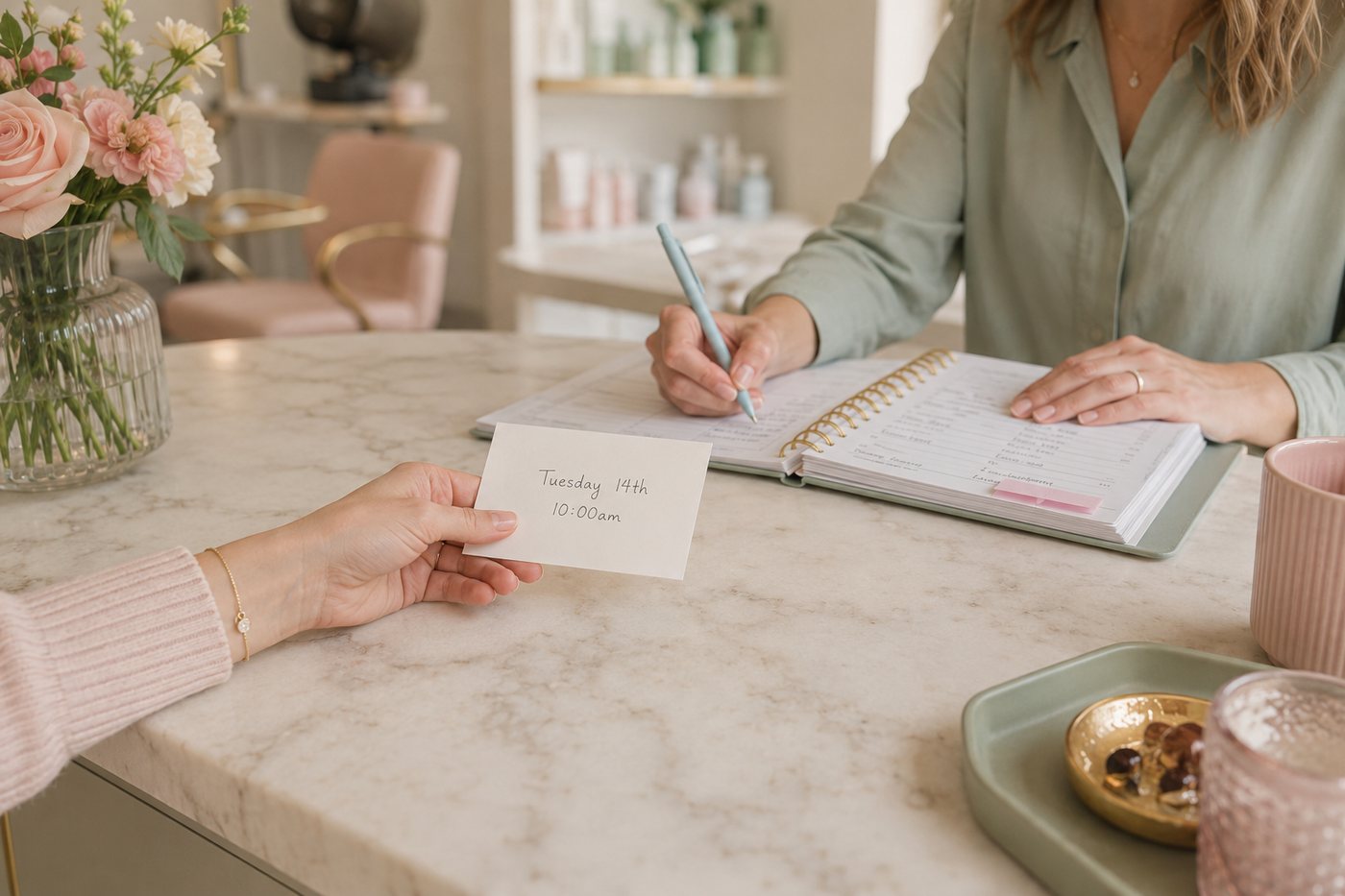 A written appointment card handed across a salon counter while the diary is filled in behind it.