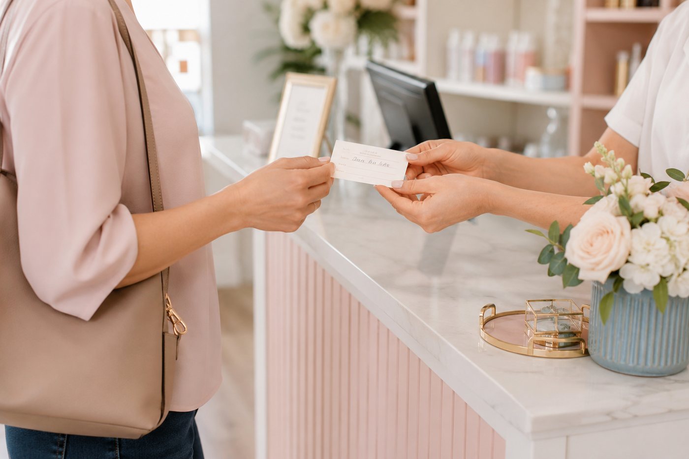 Handing a written appointment card across a salon reception desk.
