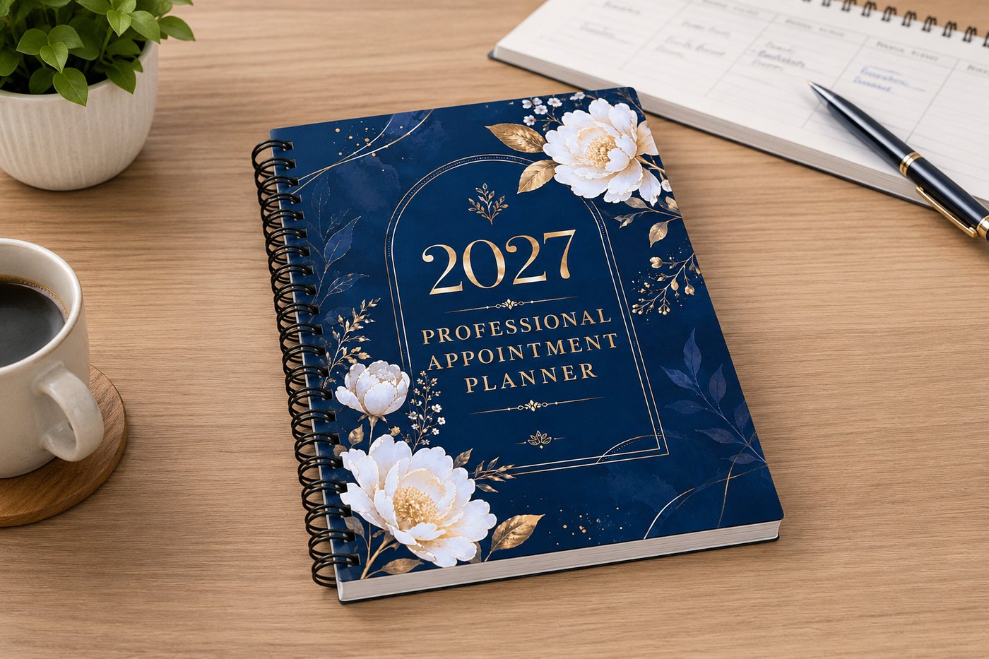 The 2027 Professional Appointment Planner on a wooden desk beside a coffee.