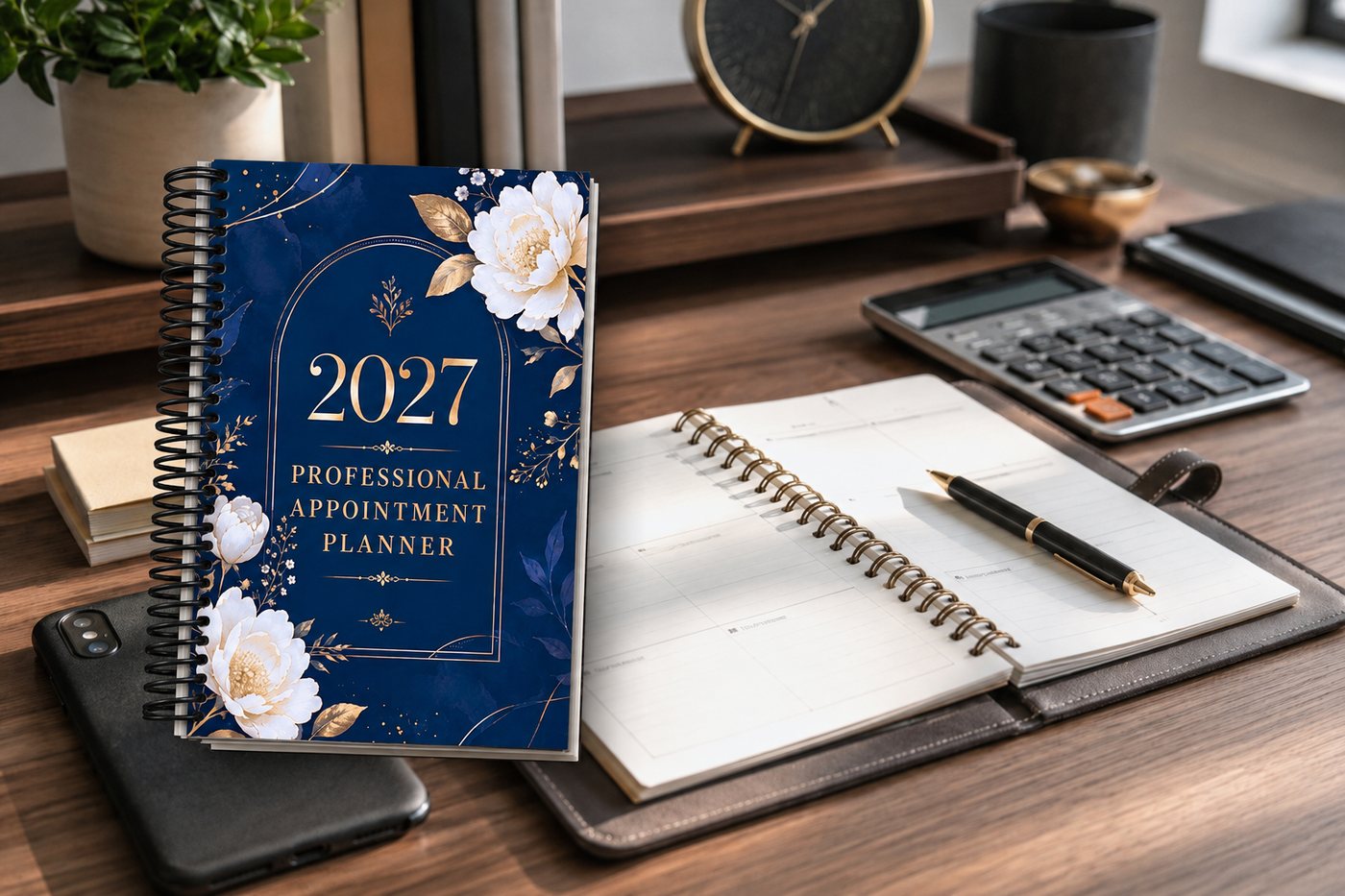 The 2027 Professional Appointment Planner beside an open weekly spread and a calculator.