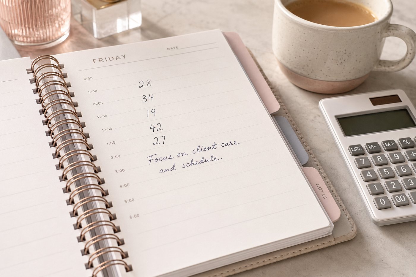 A daily planner page with the day's client numbers written in beside a calculator.