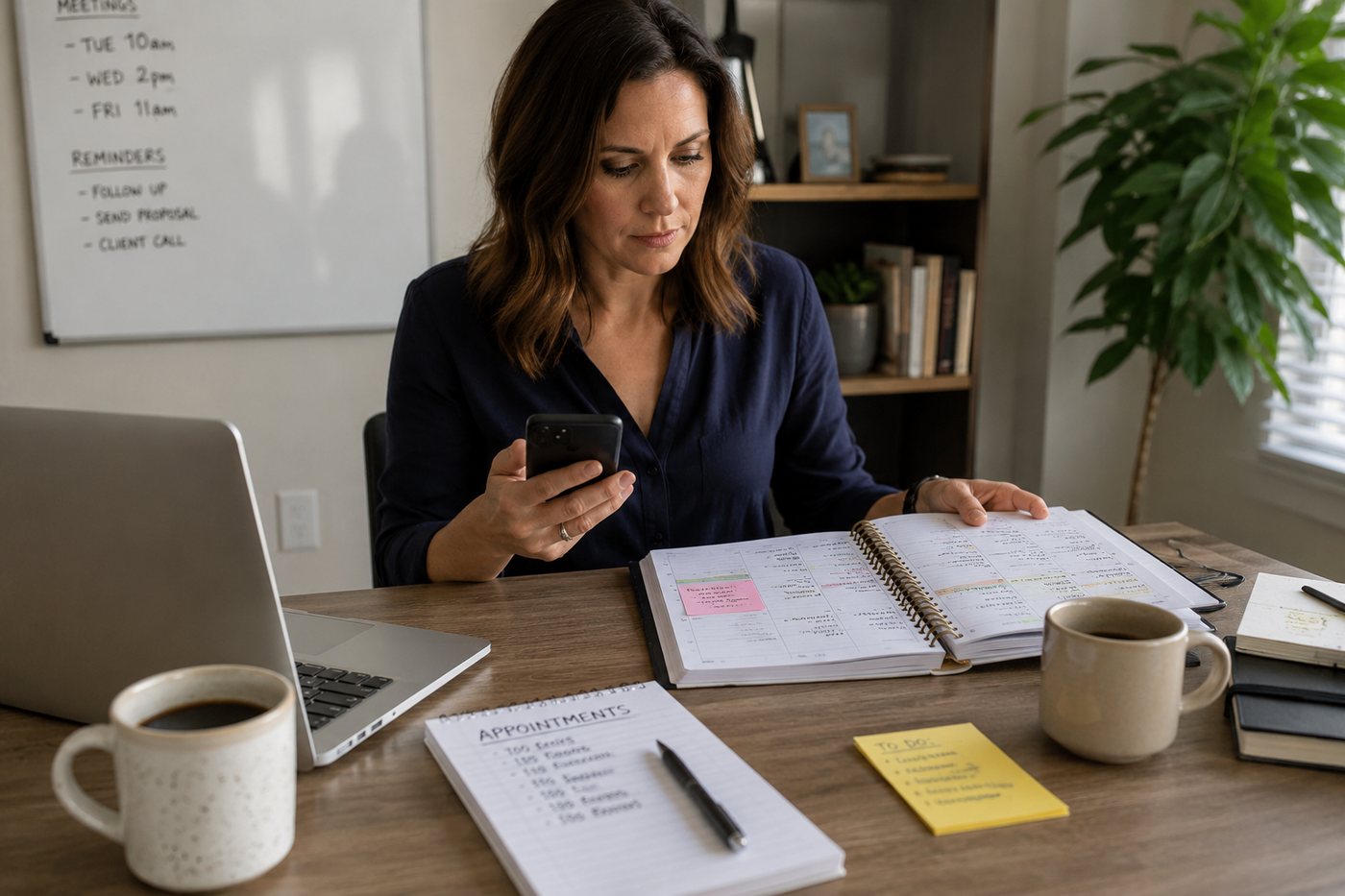 A salon owner checking her phone against an appointments list and an open planner.