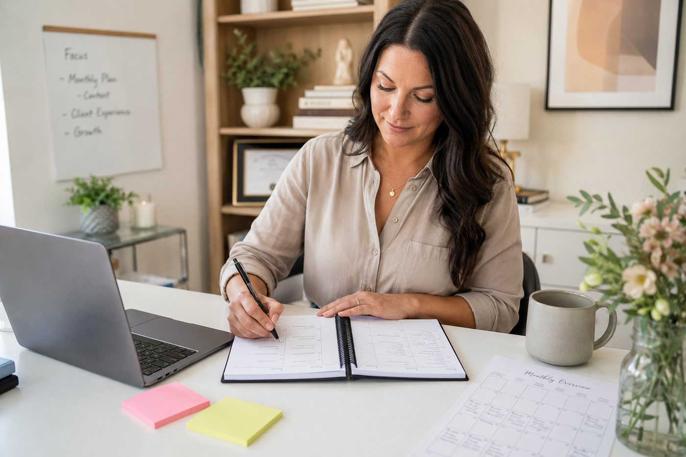 A business owner reviewing a monthly overview sheet beside her planner and laptop.