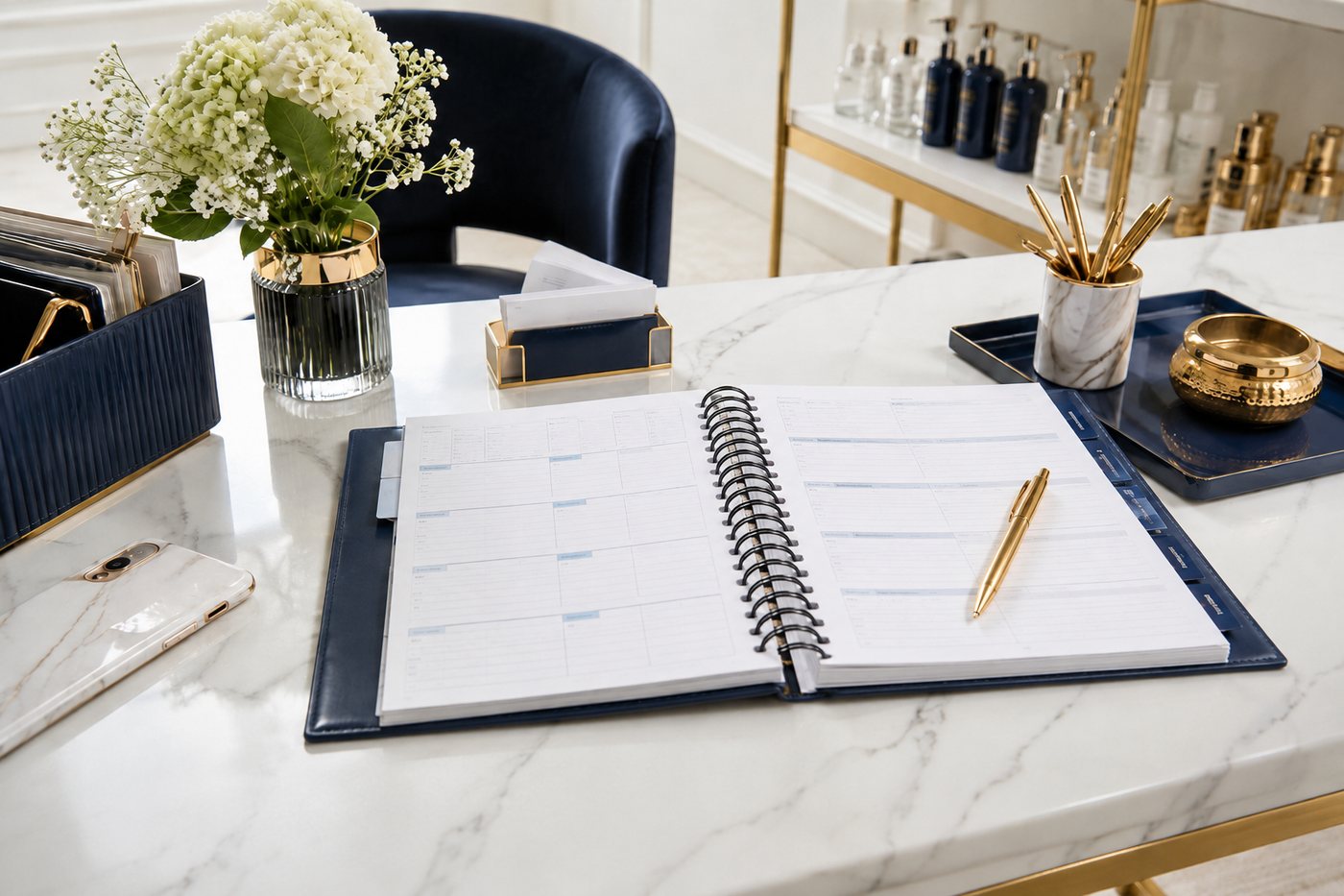 A navy appointment planner open on a marble salon desk.