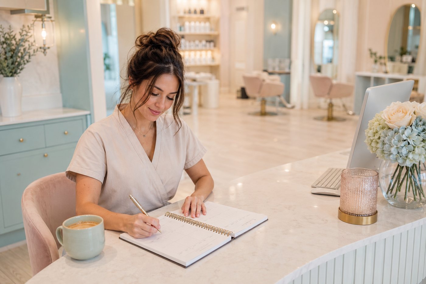 Filling in a weekly planner spread at a salon reception desk.