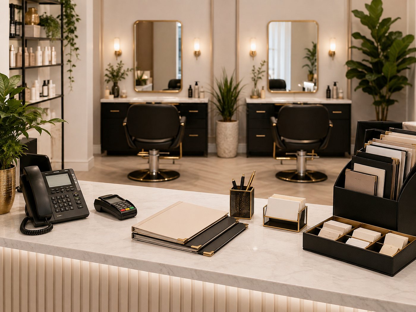 A salon reception desk with a phone, card reader and client cards ready for follow-ups.