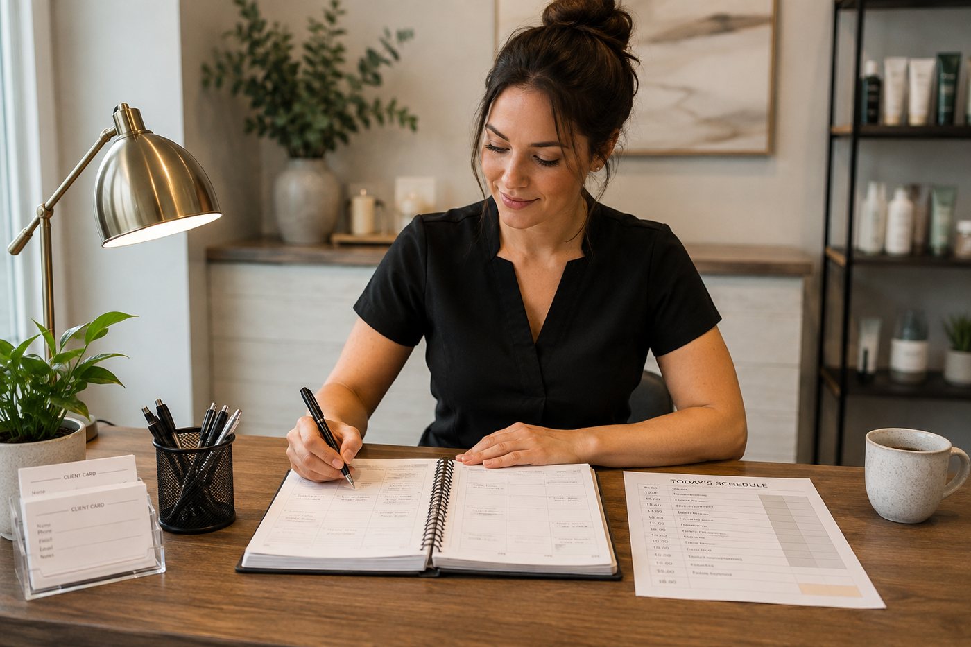 A therapist writing the day into her planner beside a printed schedule and client cards.