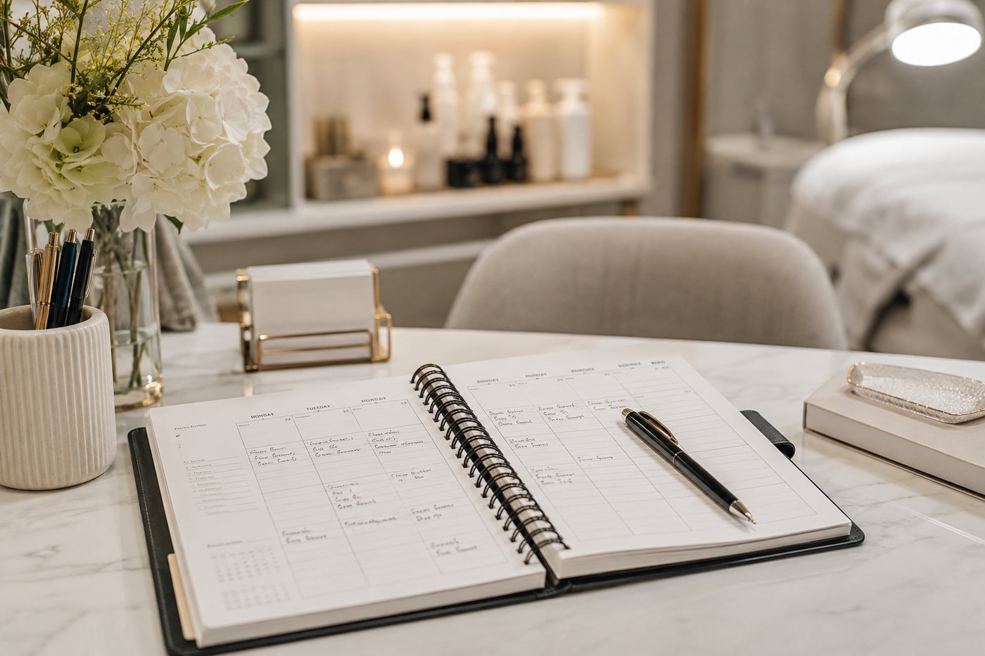 An appointment planner open beside a prepared treatment room.