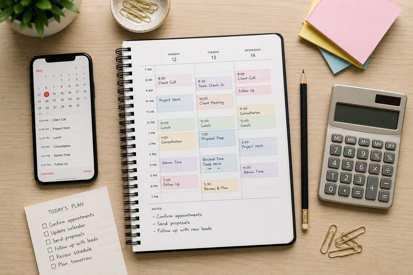 A time-blocked weekly planner page beside a phone calendar and a calculator.