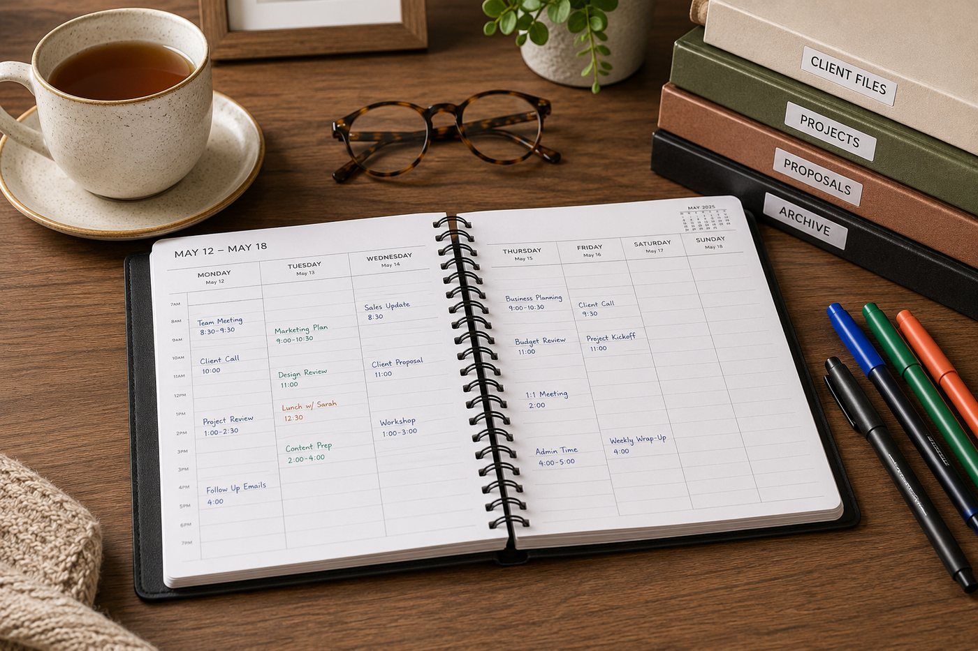 An open weekly appointment spread beside labelled client, project and proposal binders.