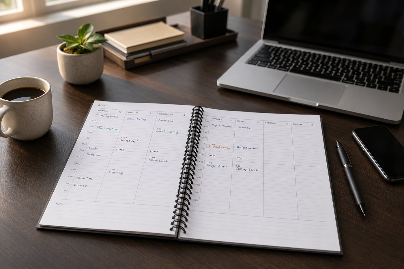 A paper weekly planner open beside a laptop on a working desk.