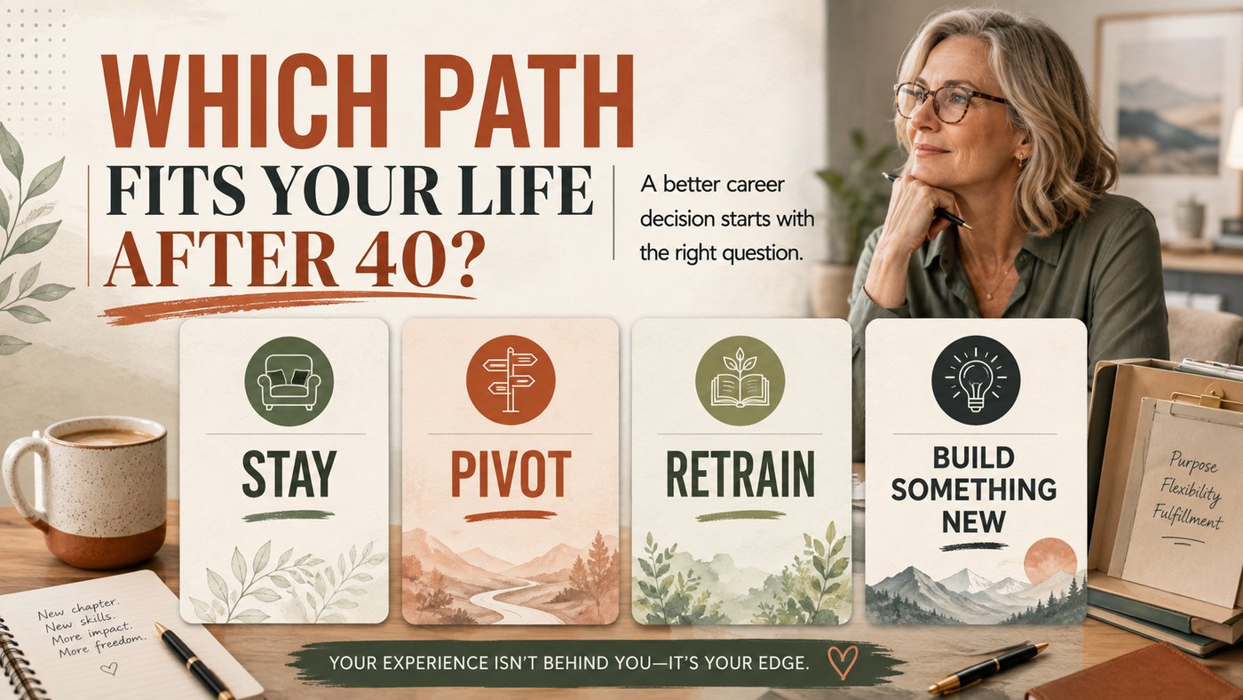 Which path fits your life after 40: stay, pivot, retrain or build something new.