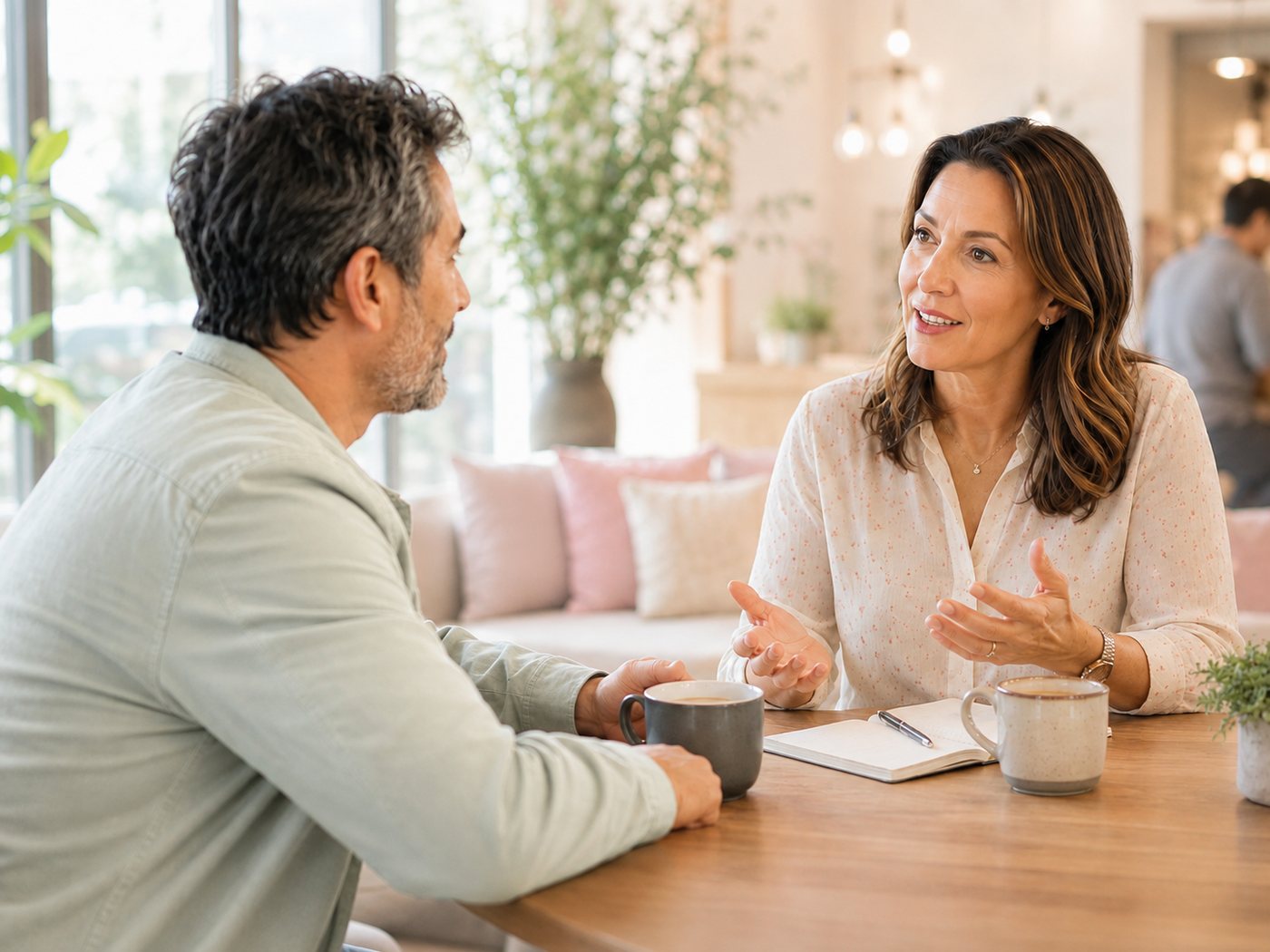 Two people talking over coffee at a table, one taking notes.
