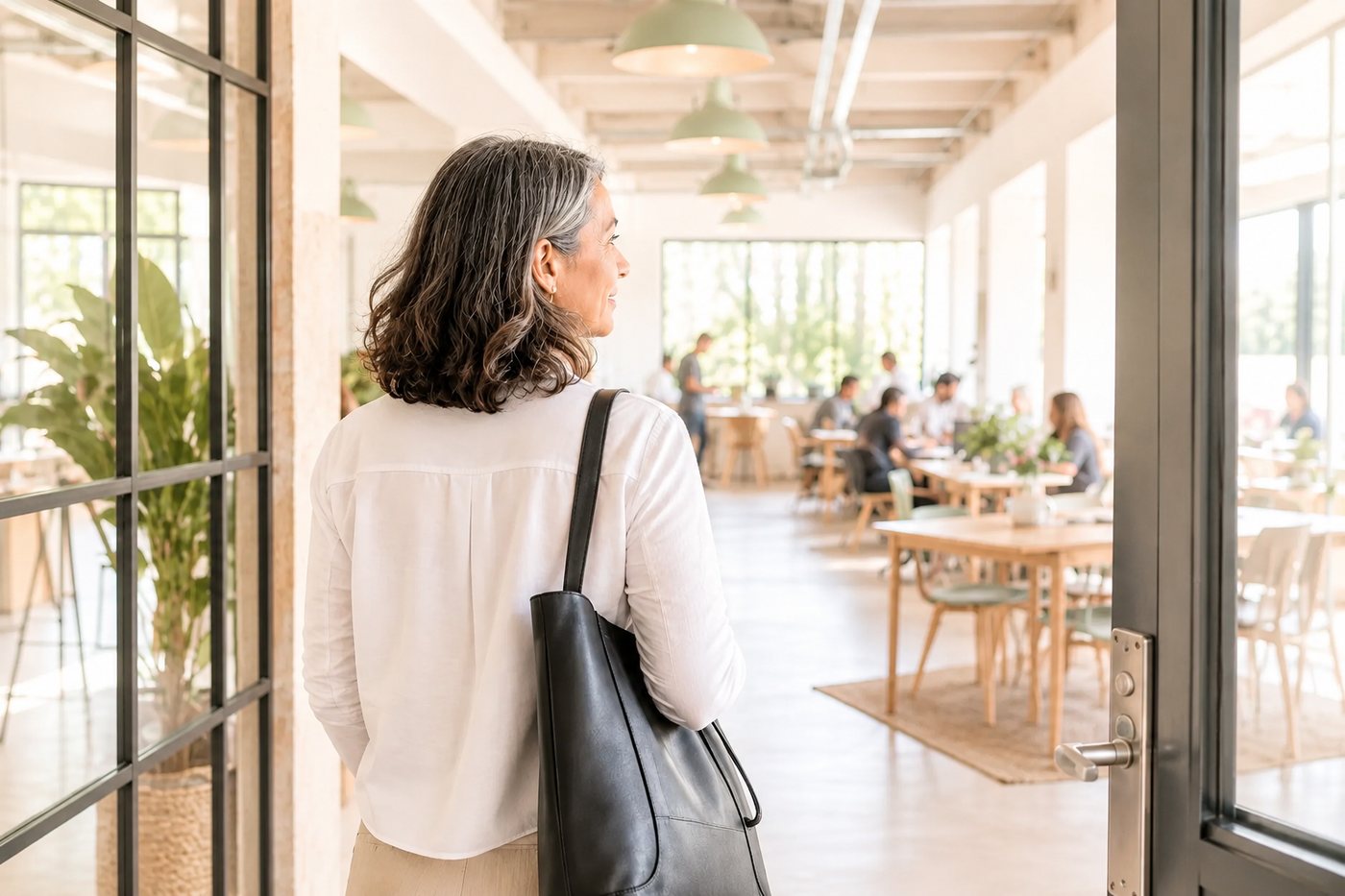 Walking into a bright shared workspace with a bag over one shoulder.