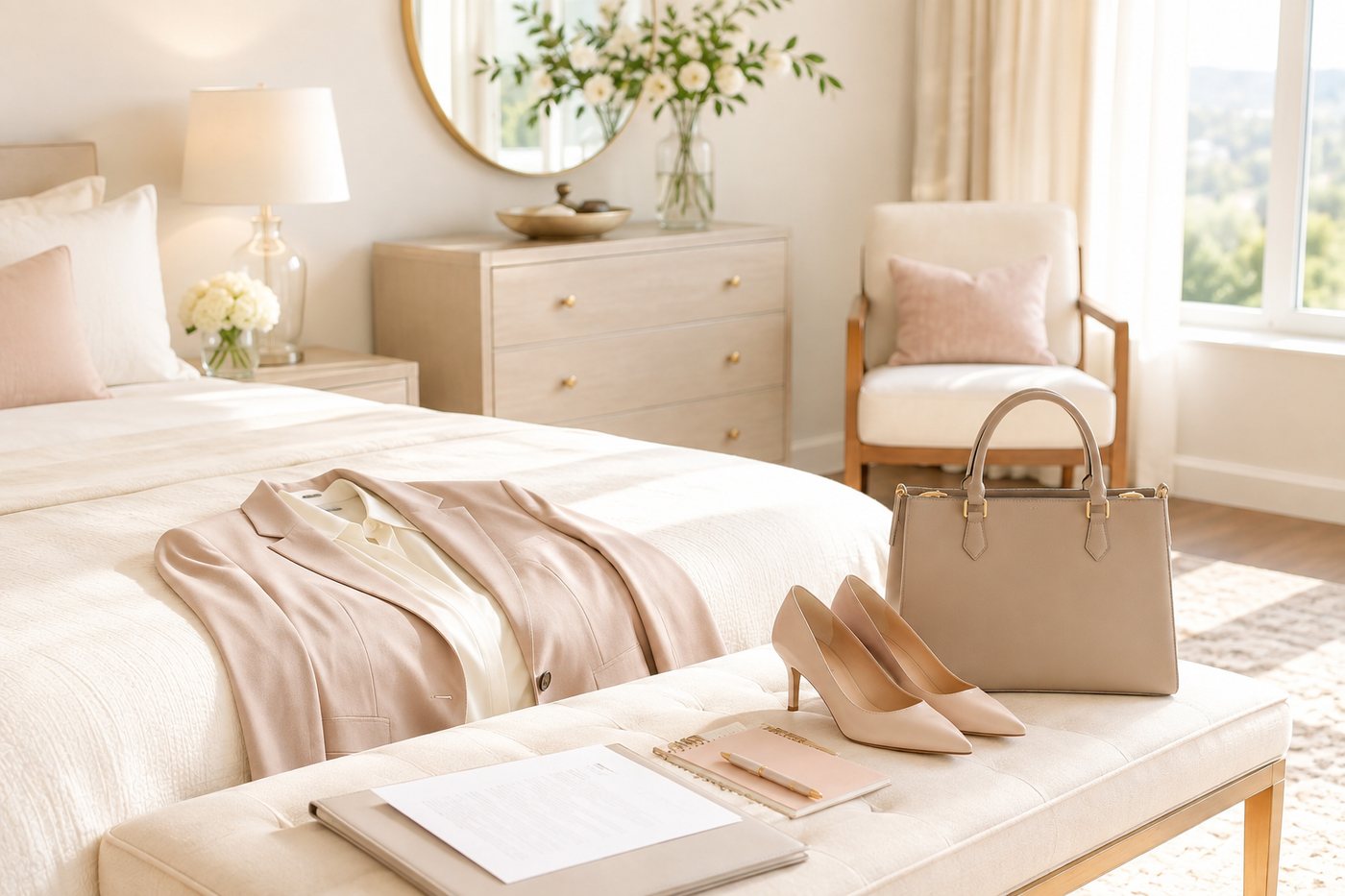 An interview outfit laid out on a bed with shoes, a bag and a notebook.