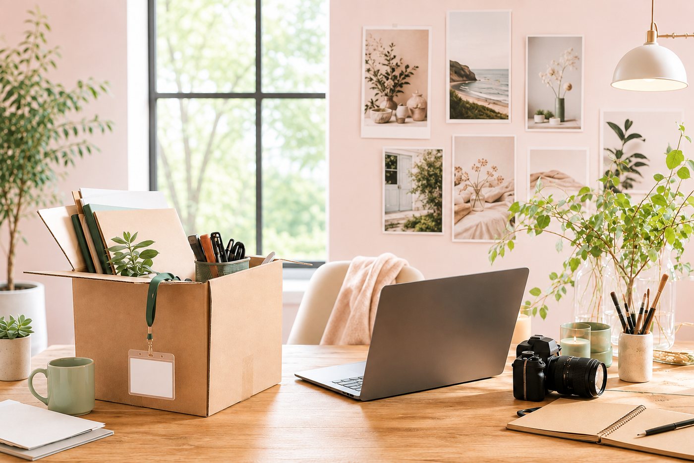 A desk with a packing box, a laptop and a camera beside a wall of photographs.
