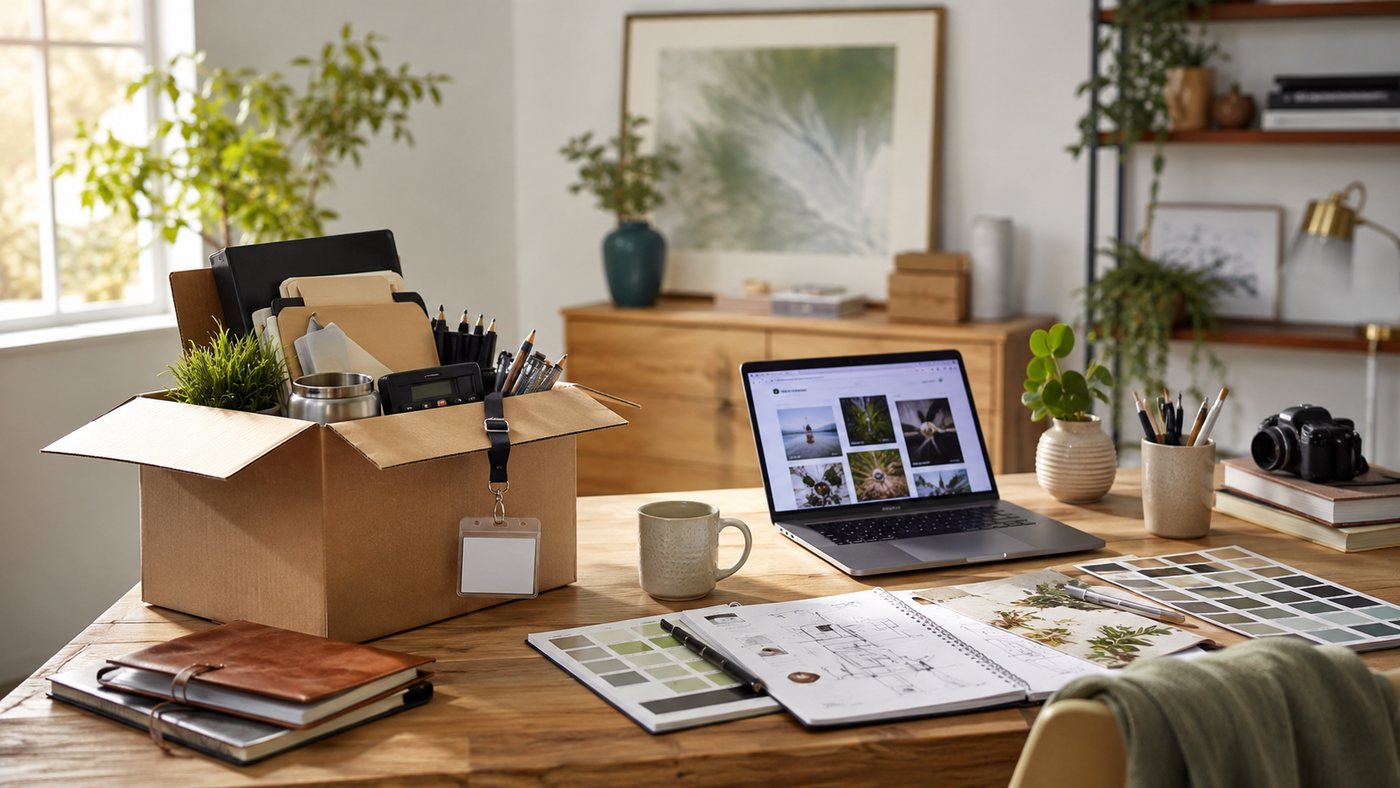 A desk with a portfolio, sketches and material samples built up outside a job.