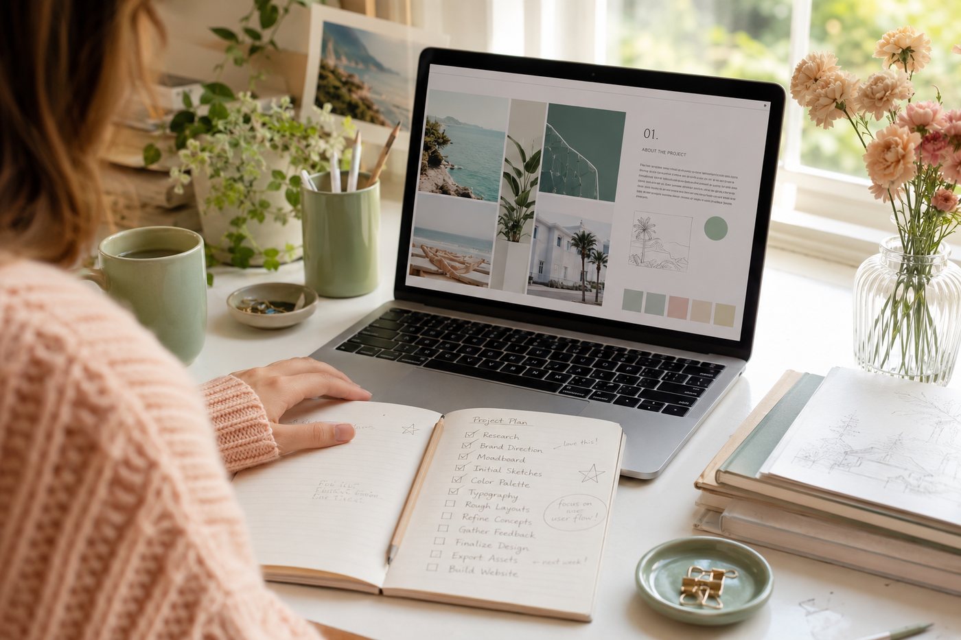 A finished project open on a laptop beside a notebook with the steps ticked off by hand.