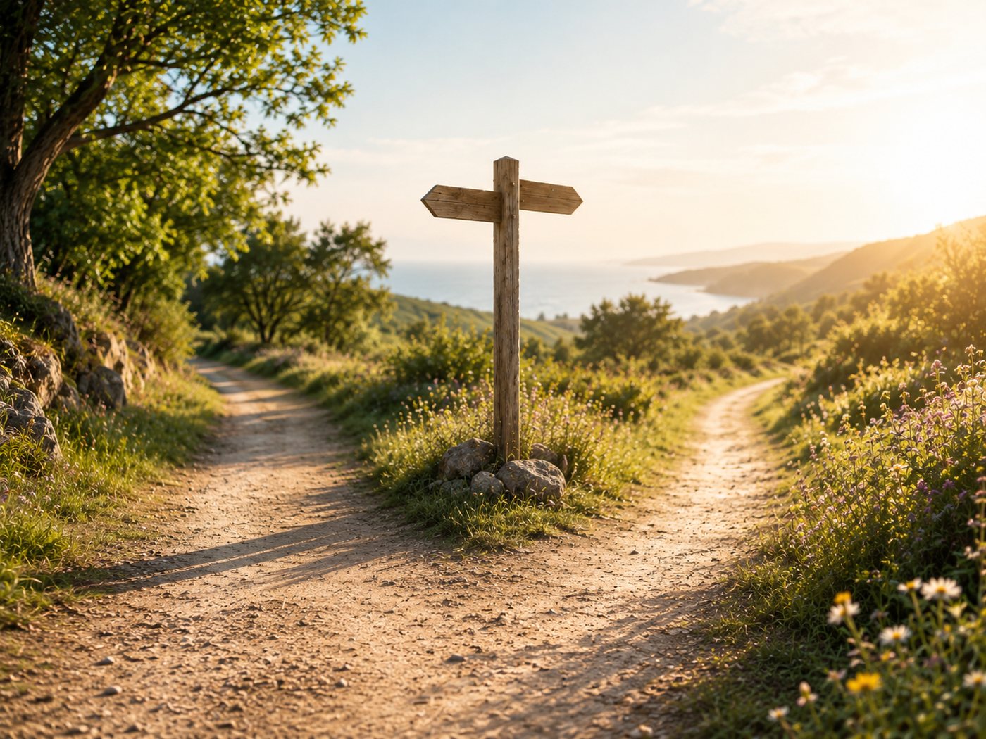 A wooden signpost where two paths split, in low evening light.