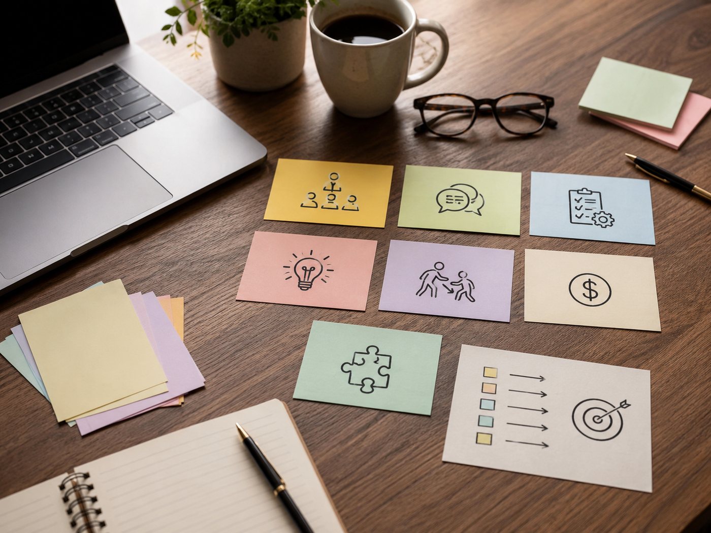 Hand-written skill cards laid out on a desk beside a notebook.