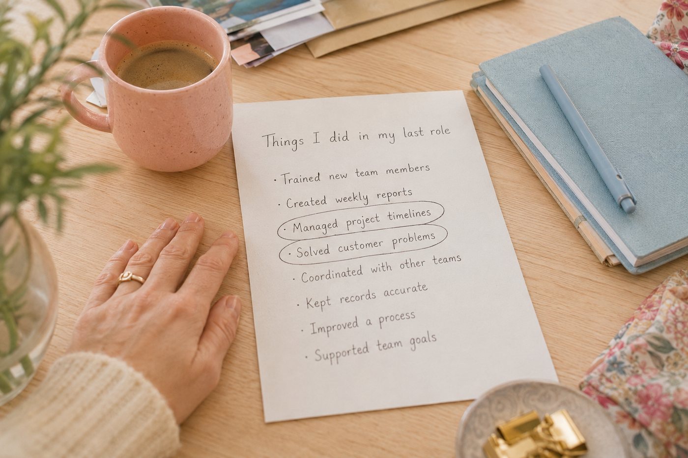 A handwritten list headed Things I did in my last role, with two lines circled in pencil.