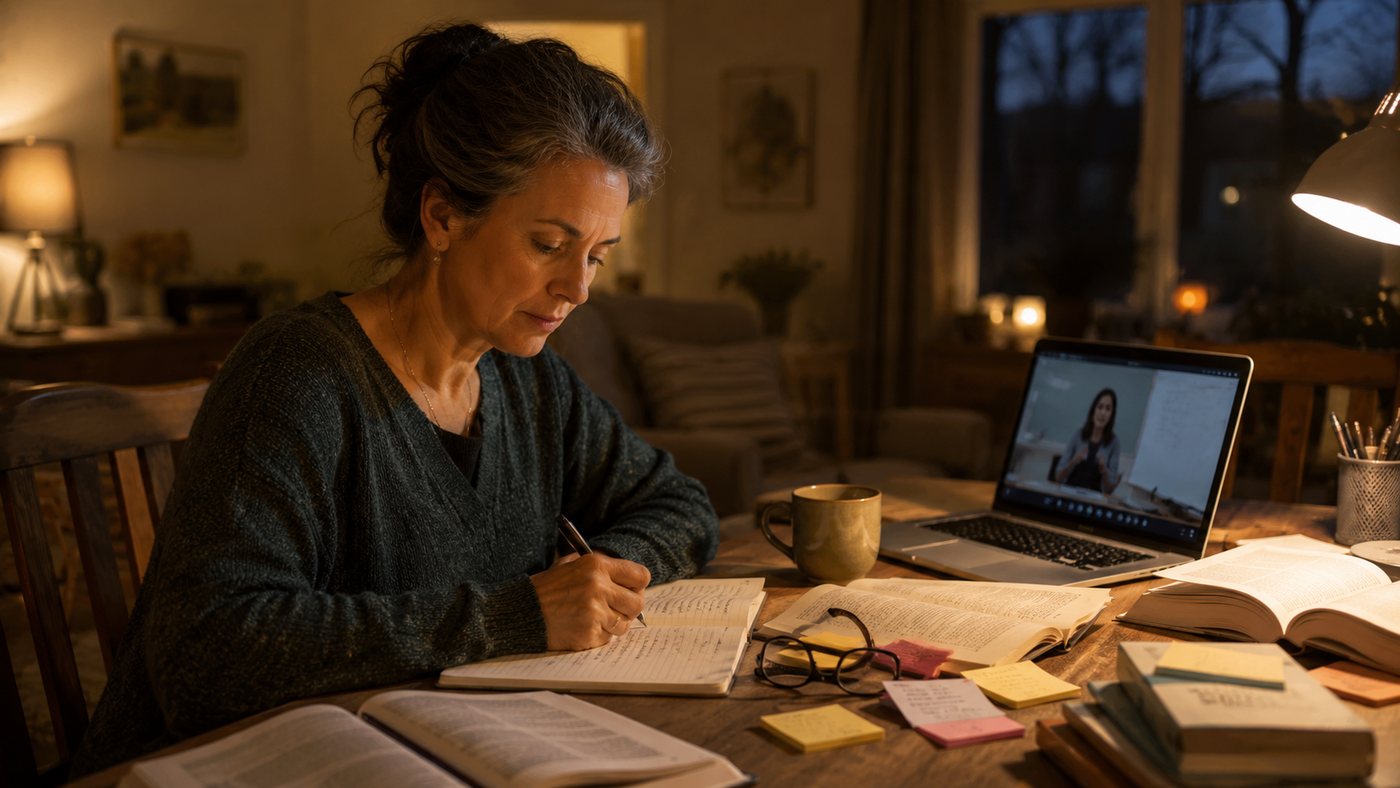 A woman working through an online course at the kitchen table in the evening.