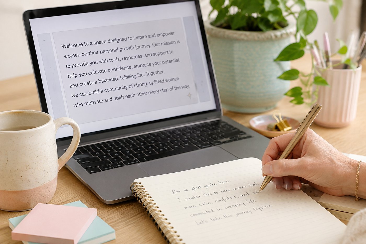 Writing notes in a spiral notebook next to a laptop with a draft on screen.