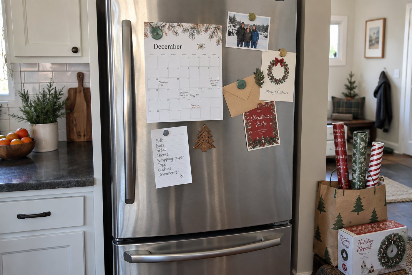 Real-kitchen refrigerator scene with December calendar, family photo, invitation, envelope and short shopping/planning list.