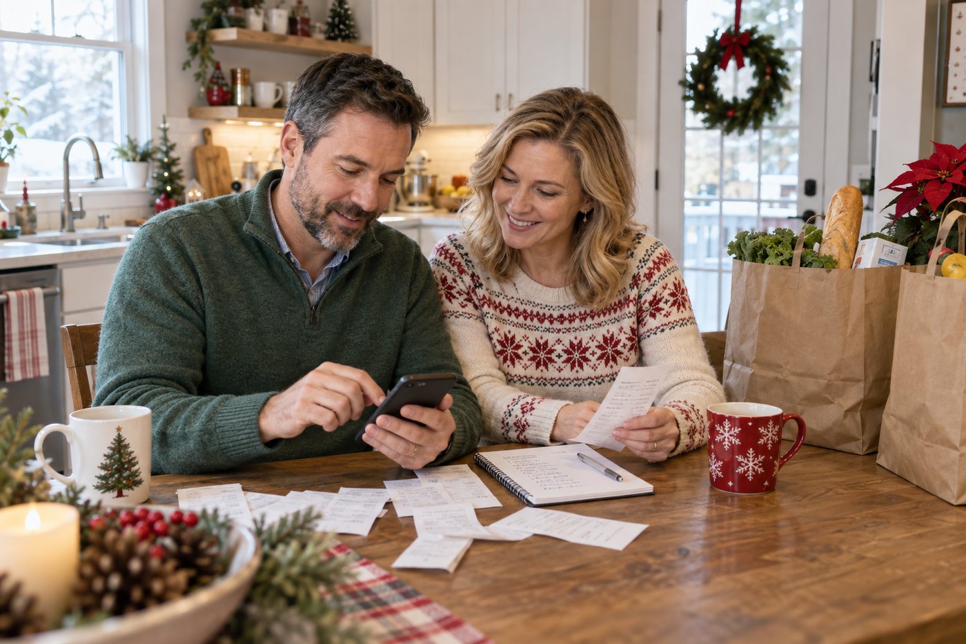 Middle-aged couple calmly reviewing receipts and budget notes at the kitchen table after shopping.