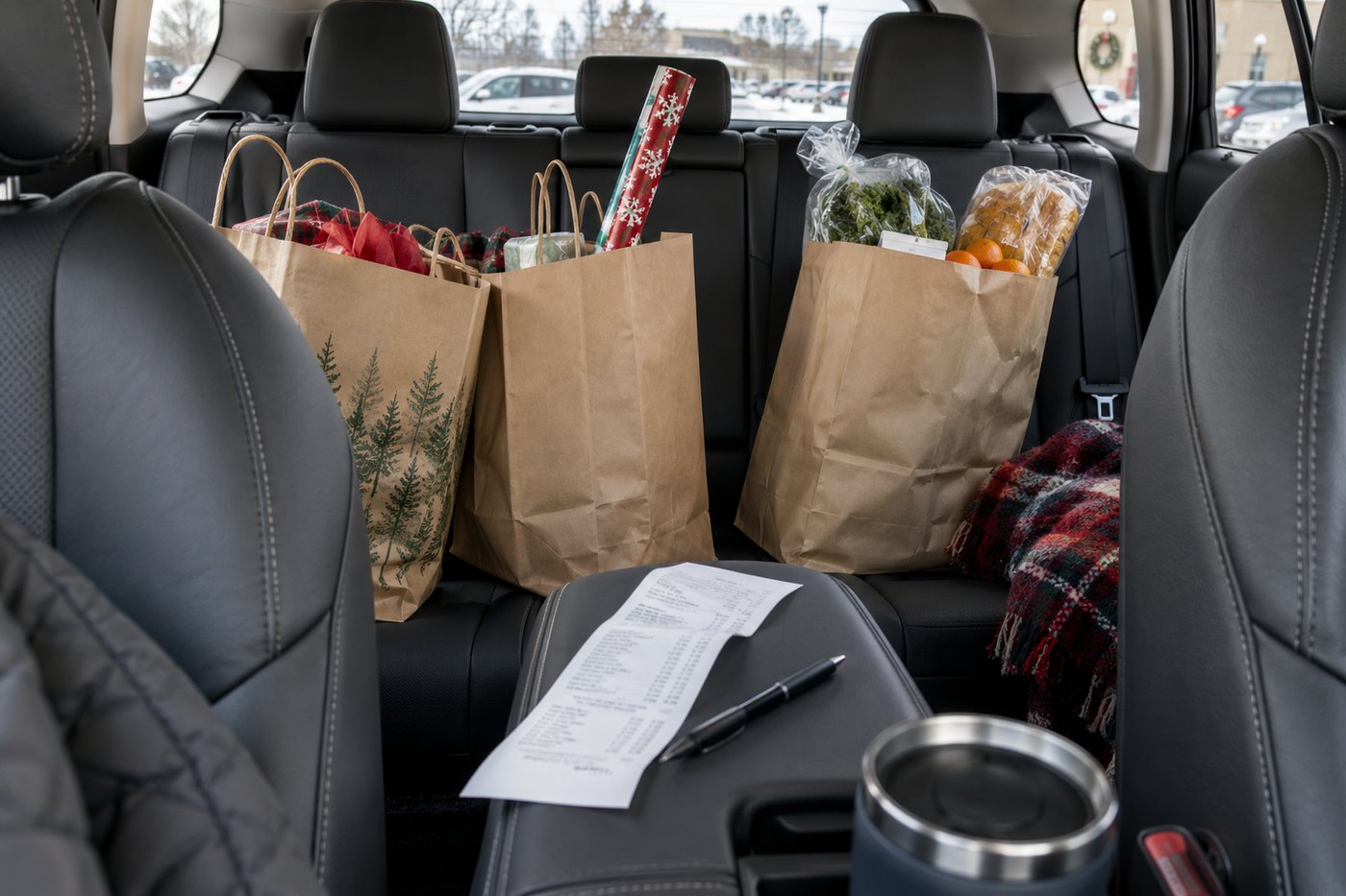 Inside a parked car after shopping: receipt and pen visible with grocery bags and wrapping paper in the back seat.