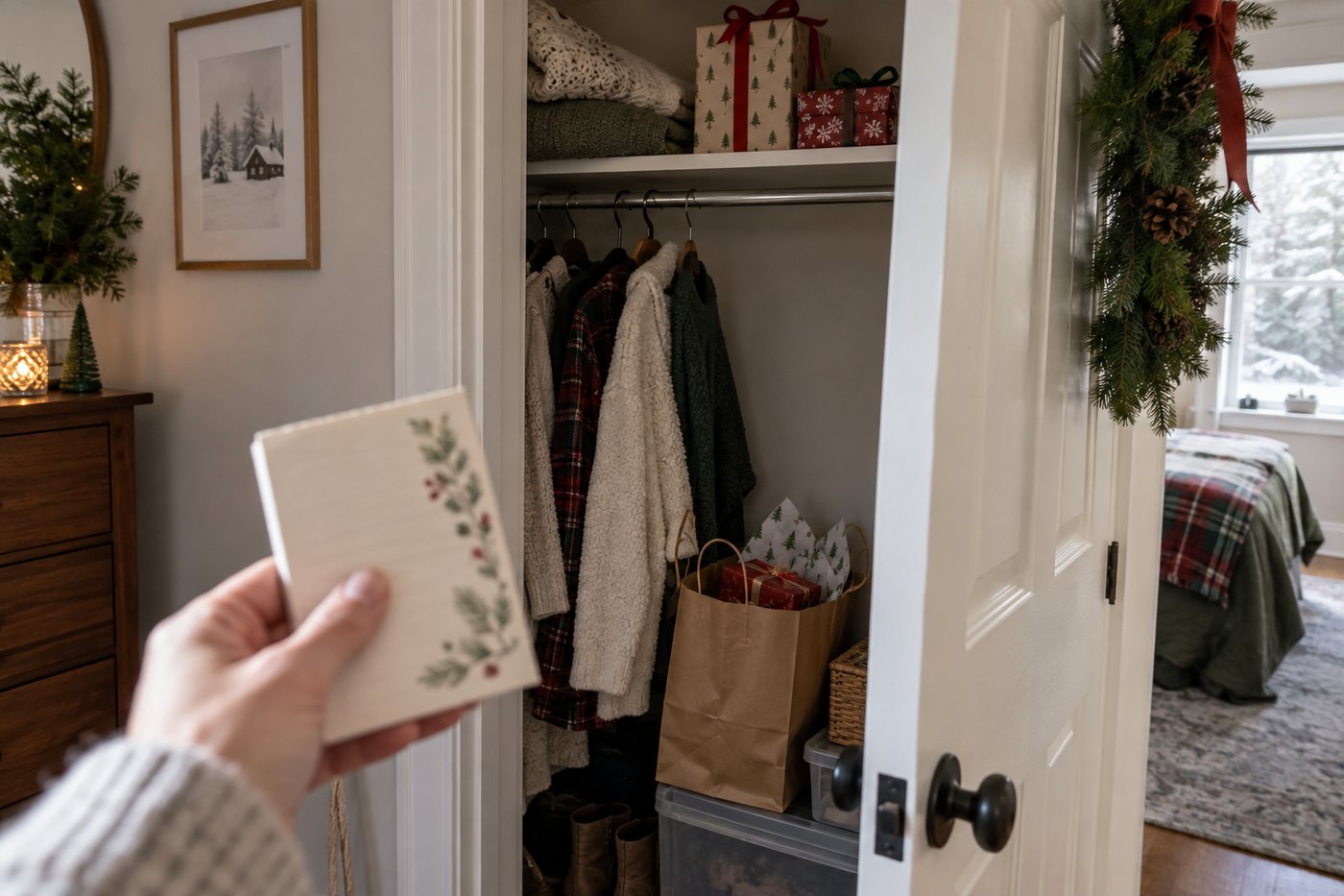 Narrative closet scene with hidden gifts on shelf and in a bag, suggesting the question of where gifts were hidden.
