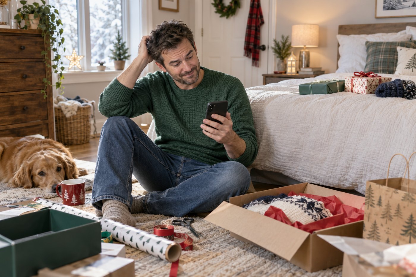 Man sitting on bedroom floor among a few gifts, checking names on his phone while organizing presents.