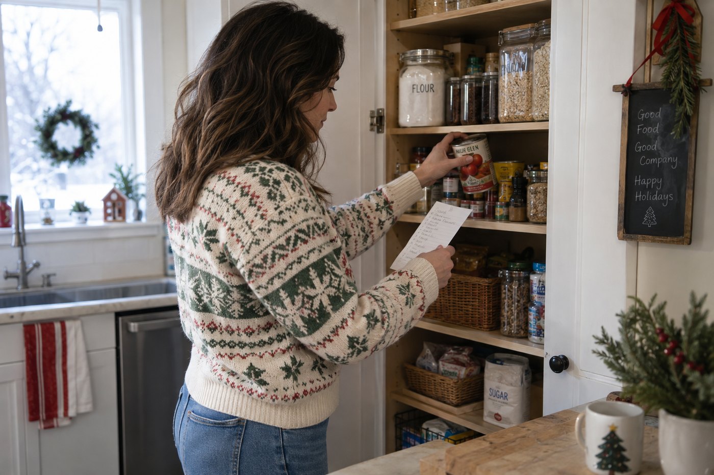 Person checking pantry shelves with a shopping list before leaving for Christmas shopping.