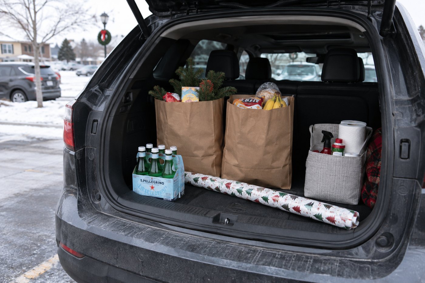Open car trunk after one organized shopping trip with groceries, household items and wrapping paper.