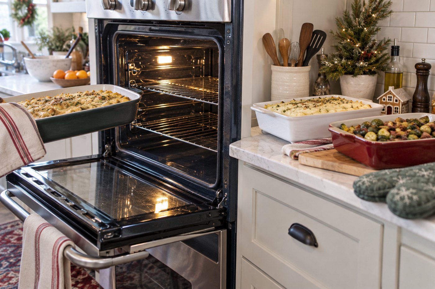Open oven and prepared casserole dishes showing the practical challenge of oven space and timing.