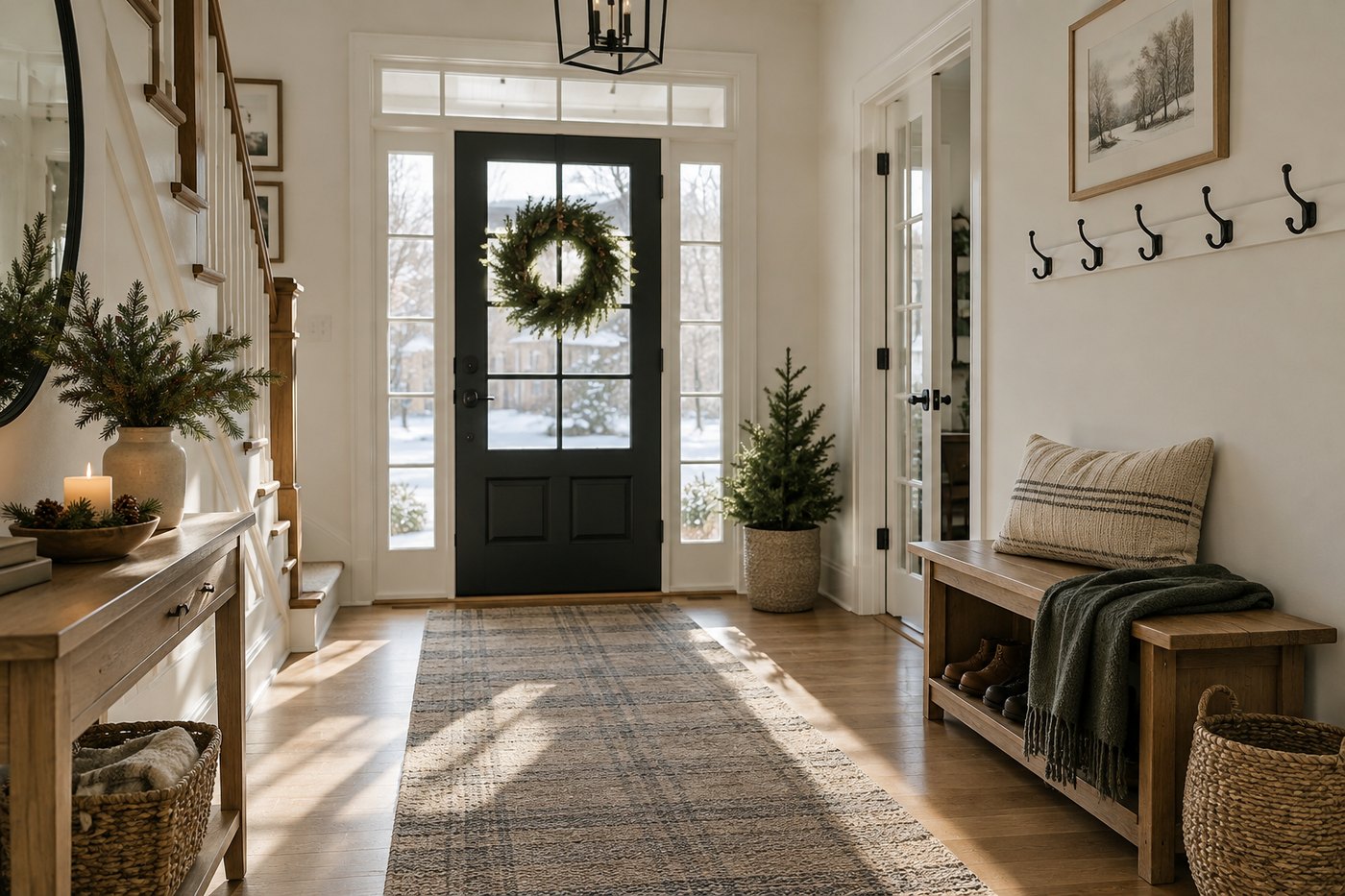 Clean, guest-ready entryway with bench, coat hooks and subtle festive details.