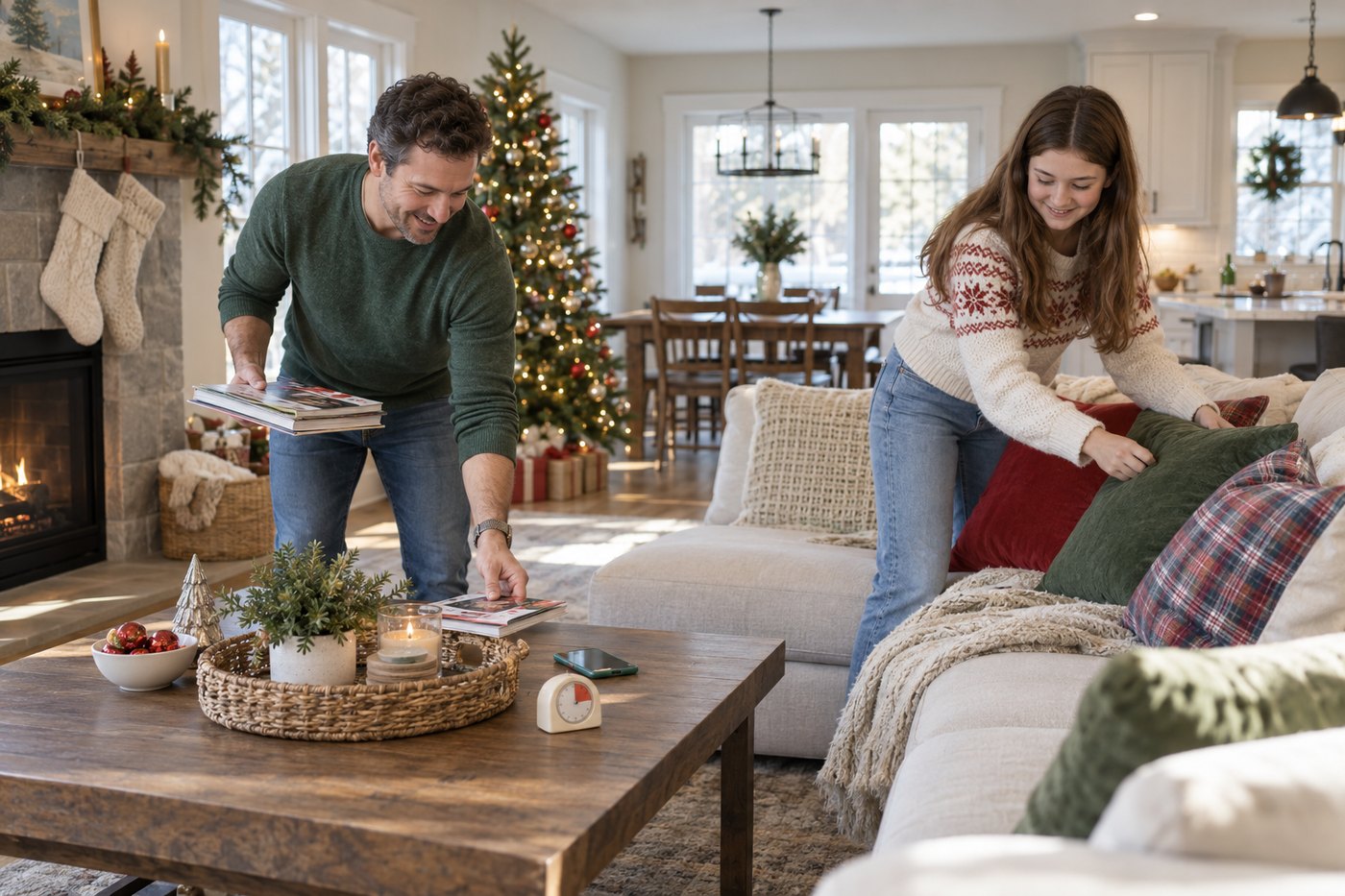 Man and teenage girl quickly tidying the living room together before guests arrive.