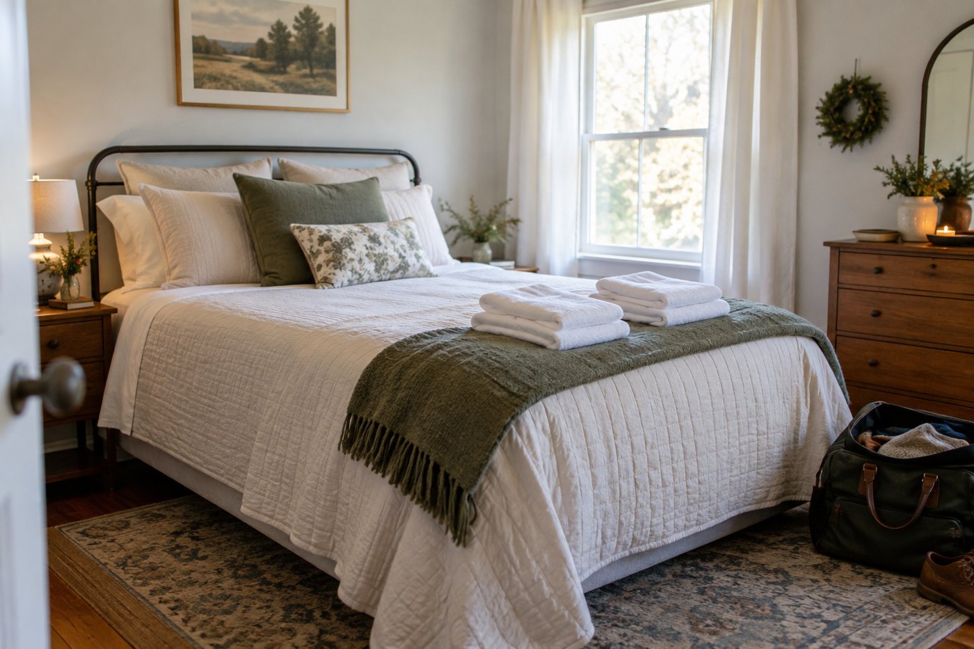 Simple guest bedroom ready for overnight visitors, with made bed, towels and travel bag.
