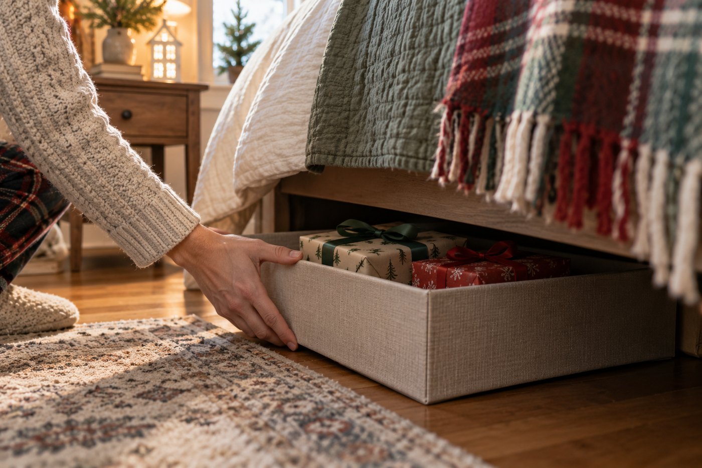 Narrative close-up of a hand sliding a box with wrapped gifts under the bed, showing a holiday hiding place.