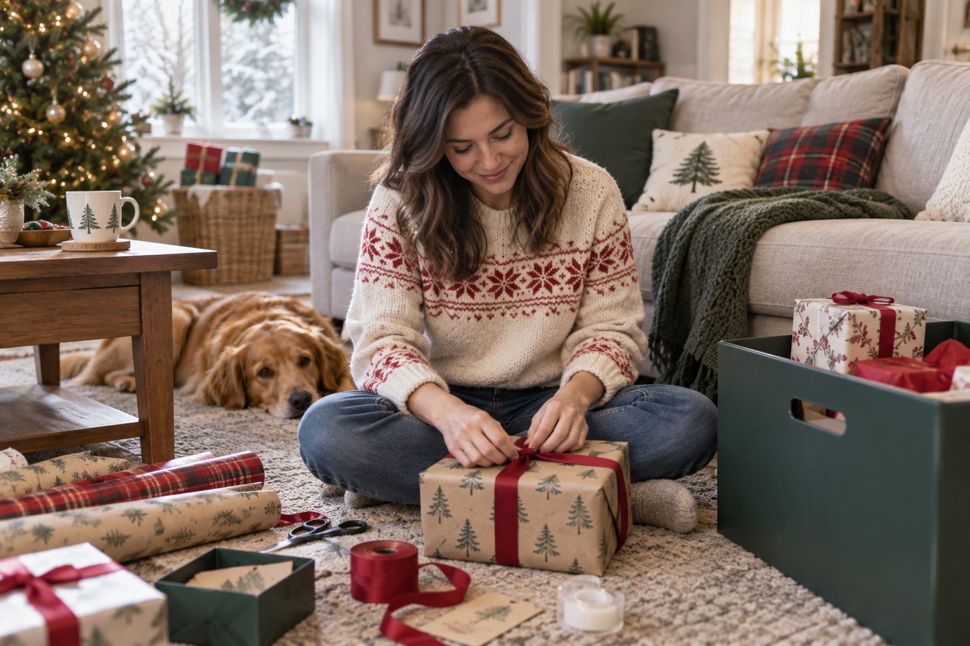 Person sitting on the floor near the sofa wrapping a gift, with wrapping supplies nearby and wrapped gifts going into a storage box.