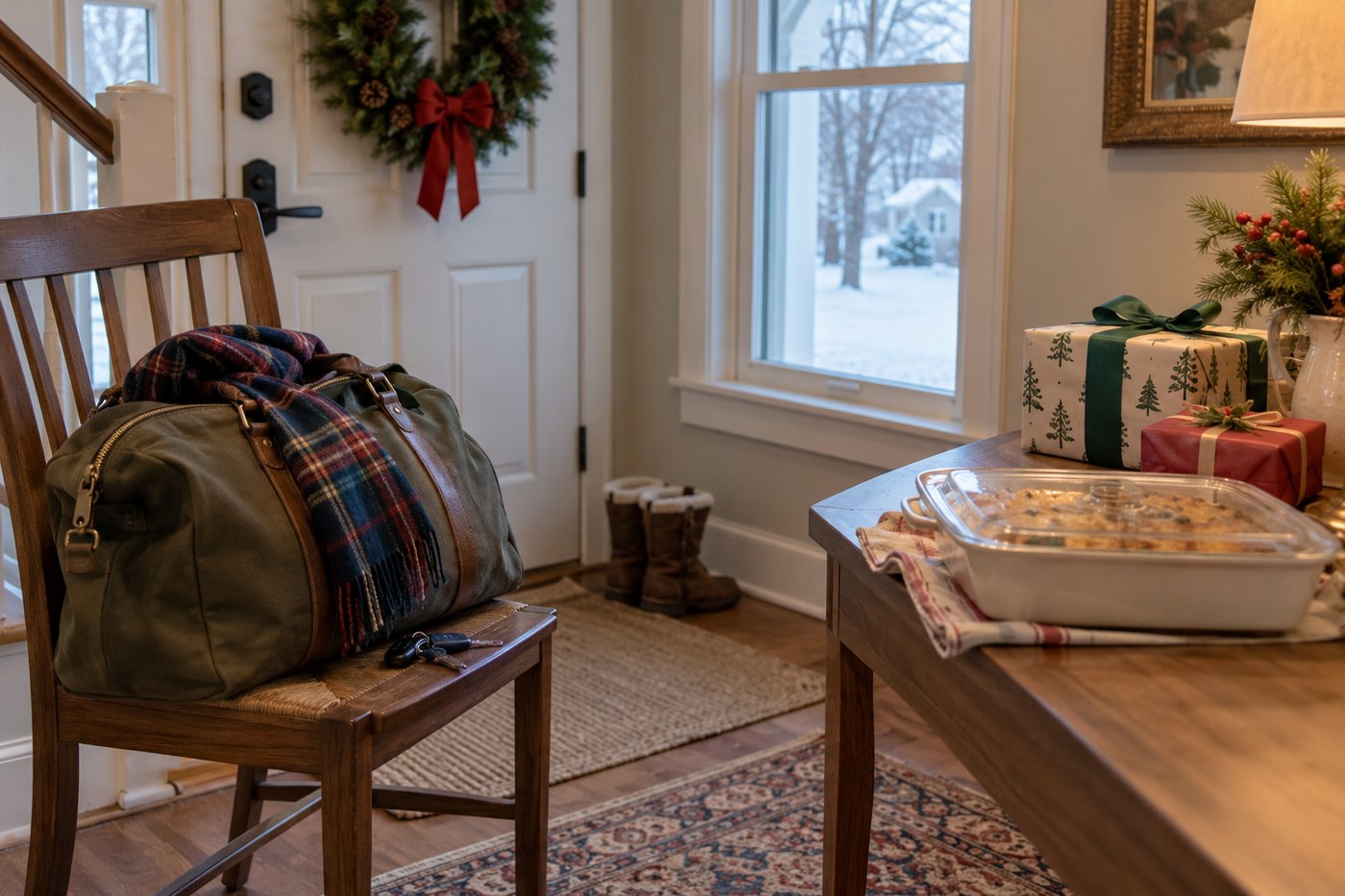 Travel bag, keys, casserole dish and wrapped gifts near the door, suggesting Christmas Eve departure or family visit.