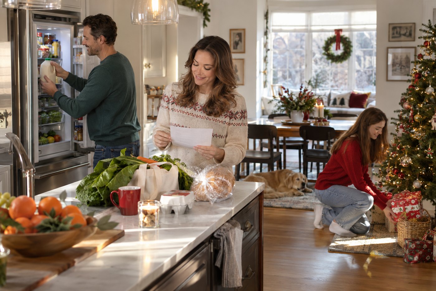 Family of three in the kitchen during the final week before Christmas, nearly ready and calmly preparing.