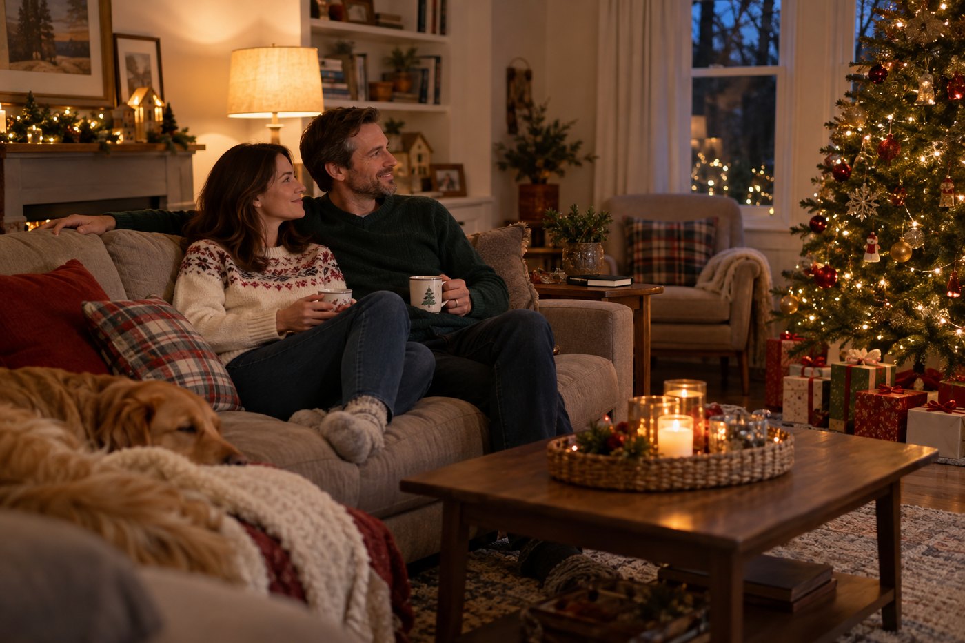 Two adults sitting together in the evening near the Christmas tree, with planning set aside for the night.