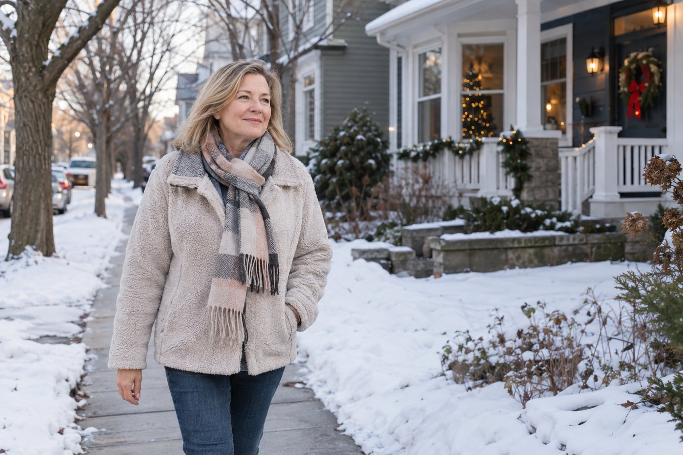 Relaxed woman taking a short winter walk in a quiet decorated neighborhood.