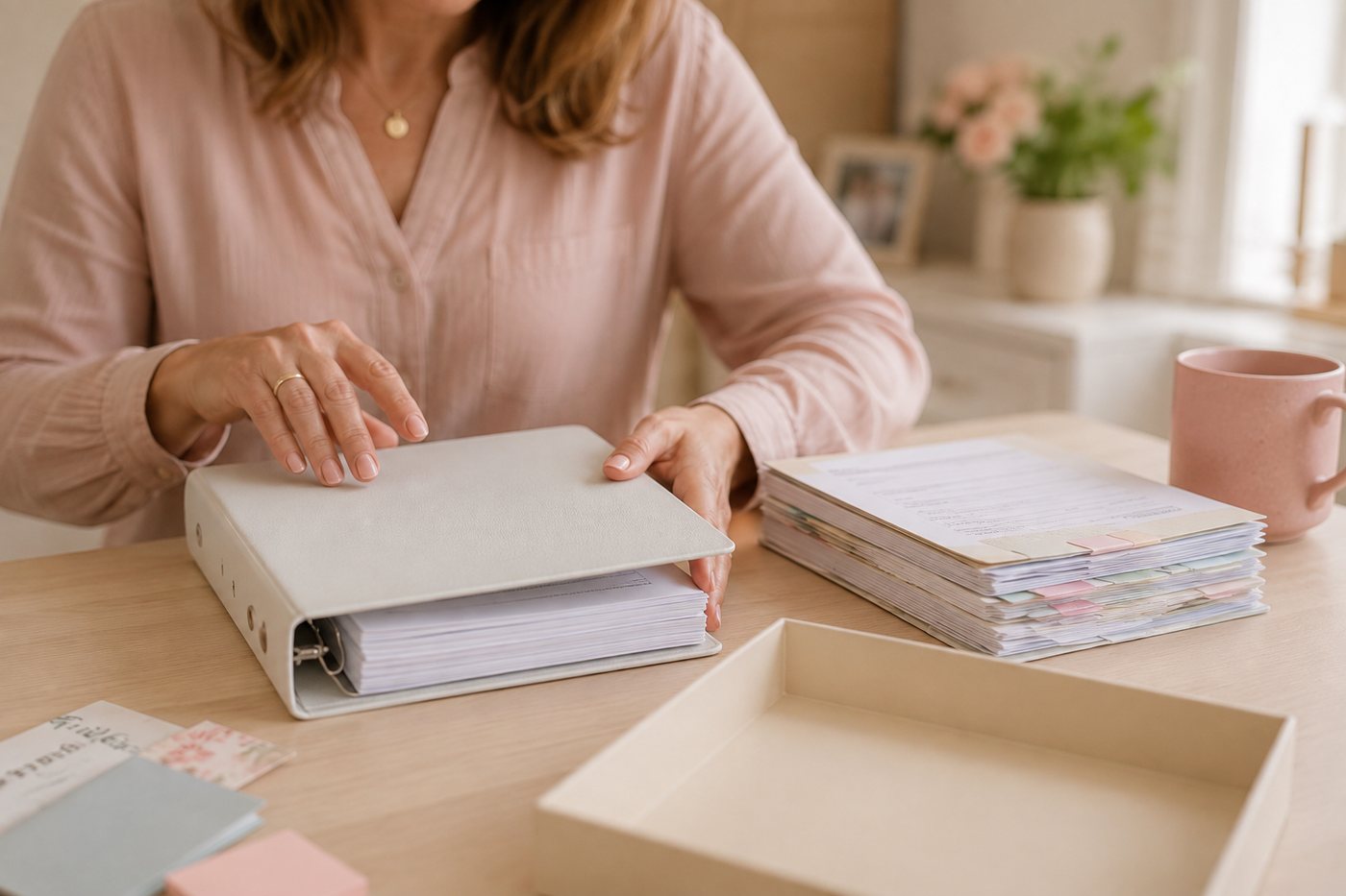 A woman closing a full binder beside a sorted stack of documents and an empty tray.