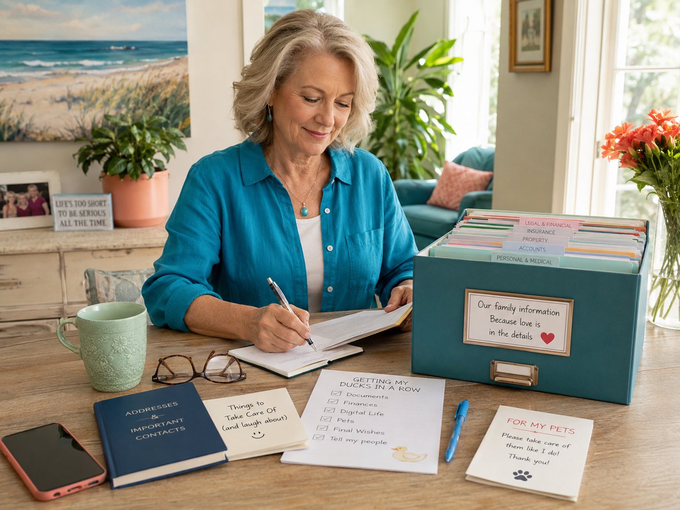 A woman filling in a family information box labelled with legal, insurance, property, accounts and personal sections.