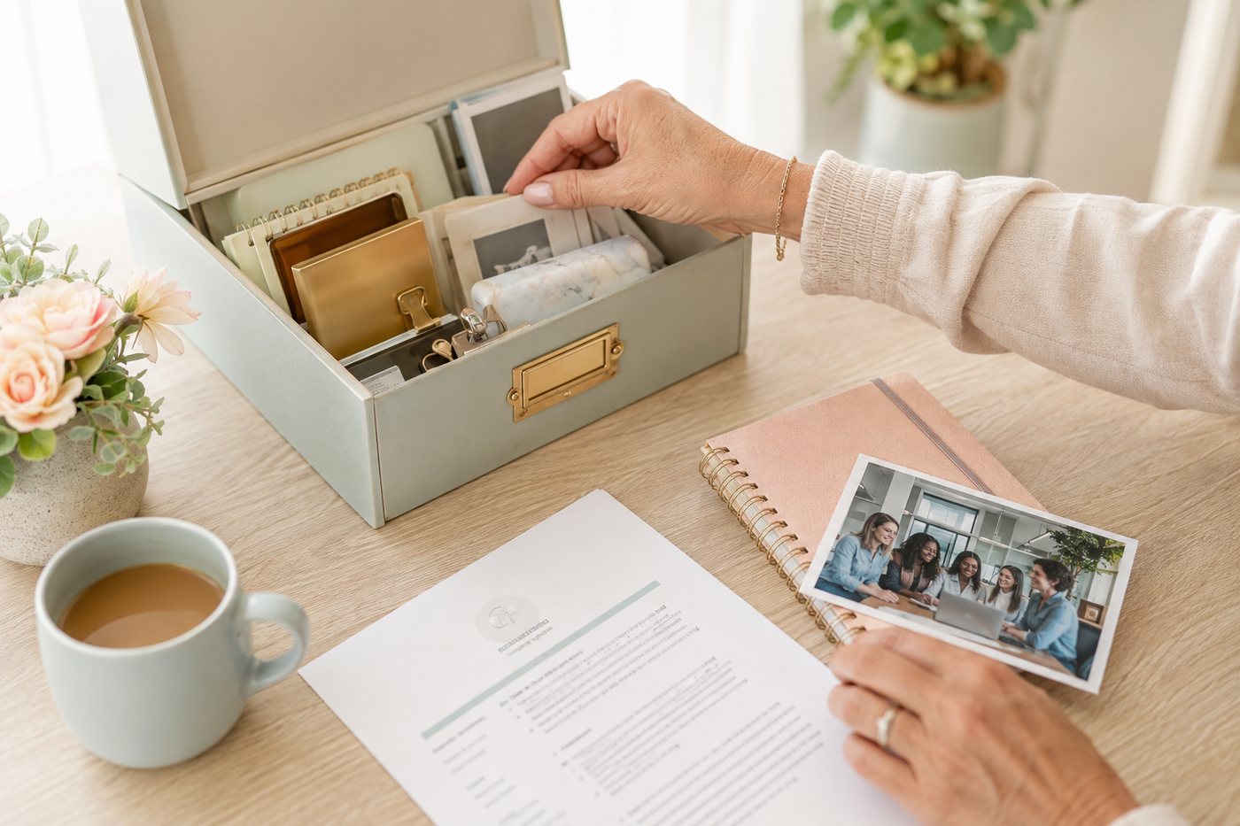 Looking through a memory box of photographs, notebooks and keepsakes.