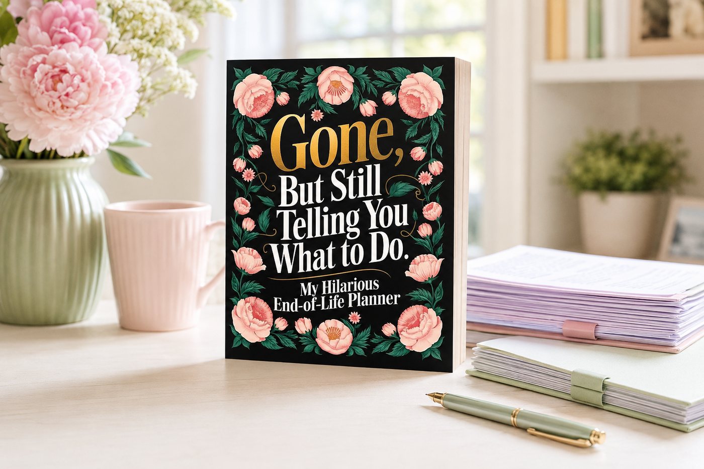The End of Life Planner standing on a desk beside pink peonies, a pastel mug and a stack of planners.