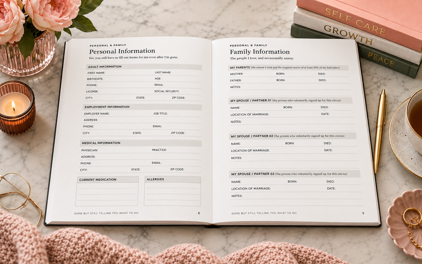 The printed planner open flat at the Personal Information and Family Information pages