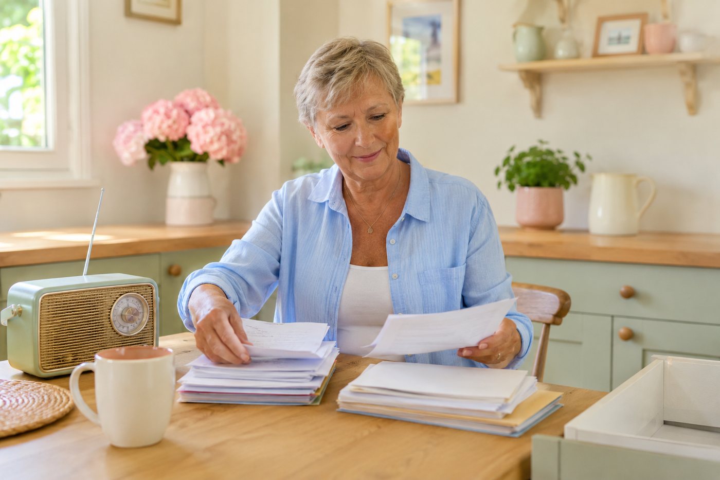 Sorting through a stack of documents at a kitchen table.